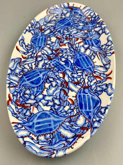 Hand-crafted porcelain platter with blue crab design