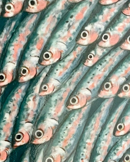Porcelain bowl with hand-painted sardines swimming