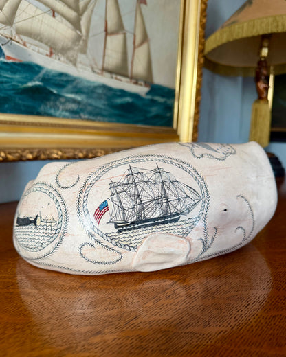 whale sculpture with scrimshaw design.  American maritime art.